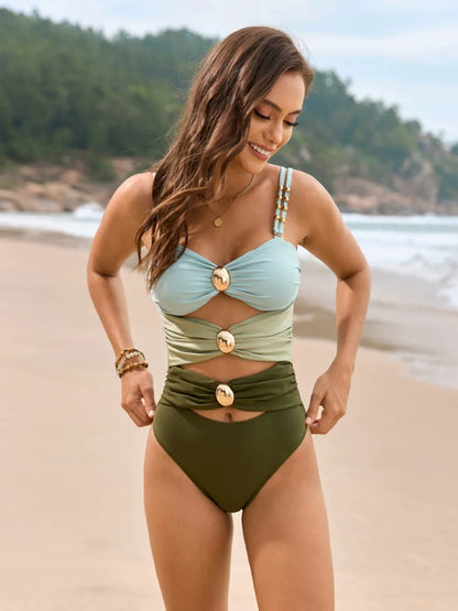 Color Block Sweetheart Neck One-Piece Swimwear Fitggins