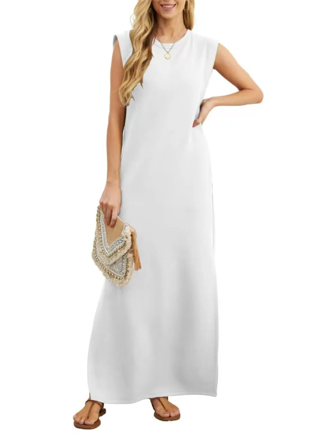 Full Size Slit Round Neck Sleeveless Maxi Tank Dress Plus Size Fitggins