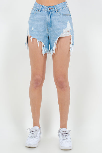 American Bazi High Waist Fringed Hem Denim Shorts - Denim Shorts - FITGGINS