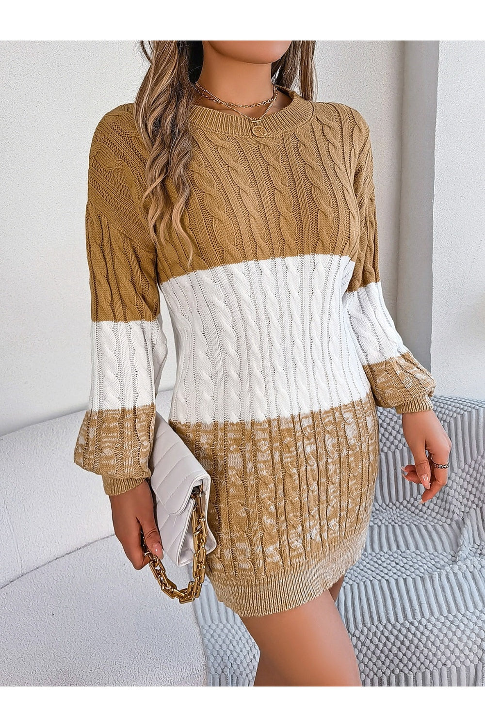 Cable-Knit Round Neck Color Block Sweater Dress - Sweater Dresses - FITGGINS