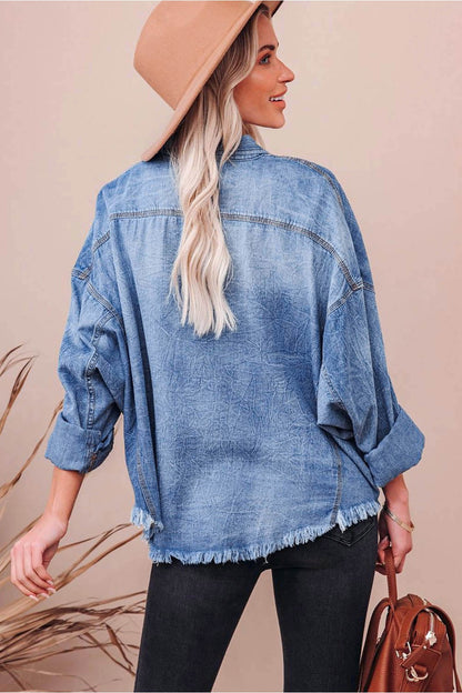 Raw Hem Sequin Football Long Sleeve Denim Jacket - Denim Jackets - FITGGINS