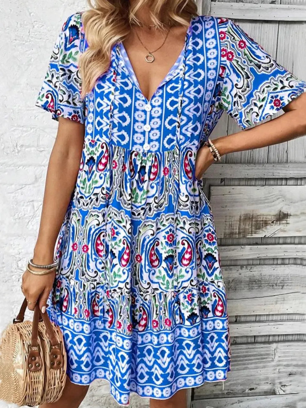 Printed Tie Neck Short Sleeve Dress Blue Fitggins