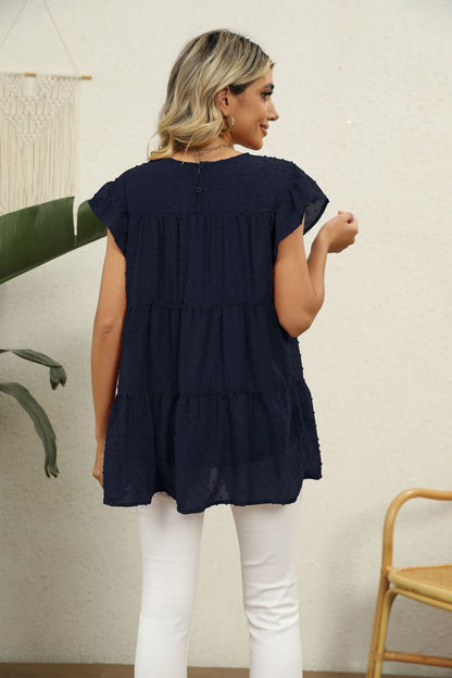 Swiss Dot Round Neck Tiered Blouse Fitggins