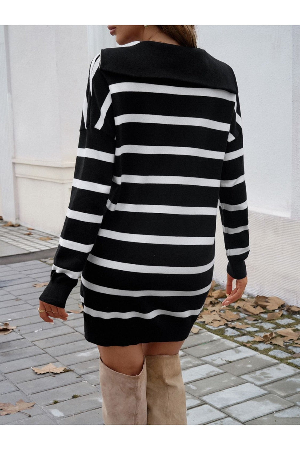 Devine Quarter Zip Striped Long Sleeve Sweater Dress - Sweater Dresses - FITGGINS