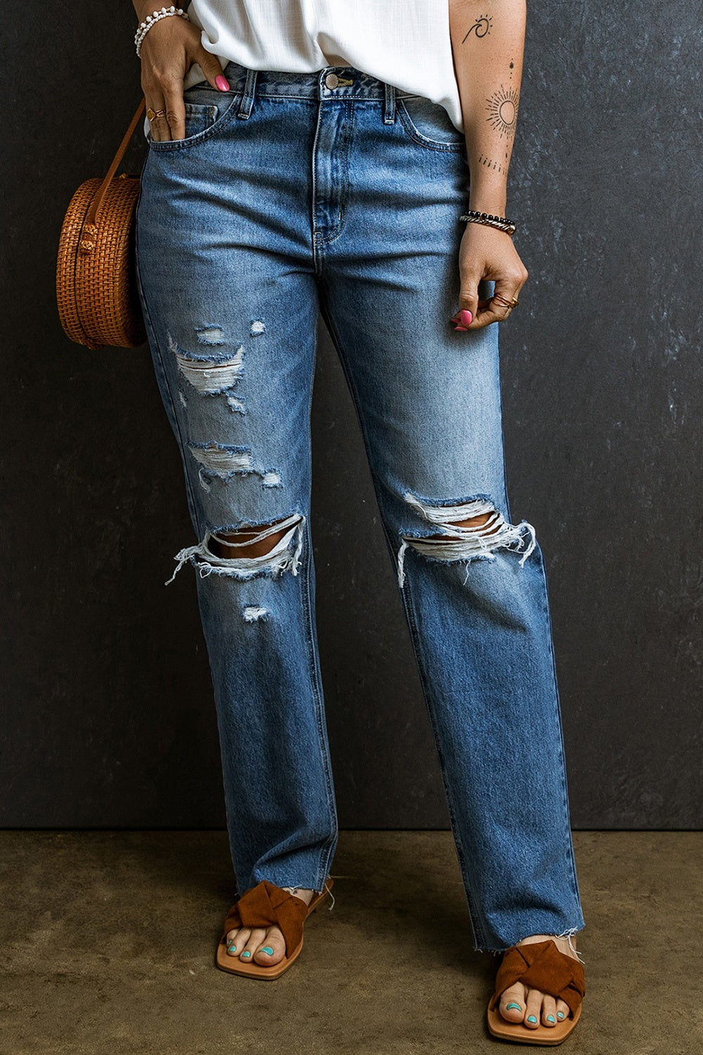 Distressed Raw Hem Jeans with Pockets - Jeans - FITGGINS