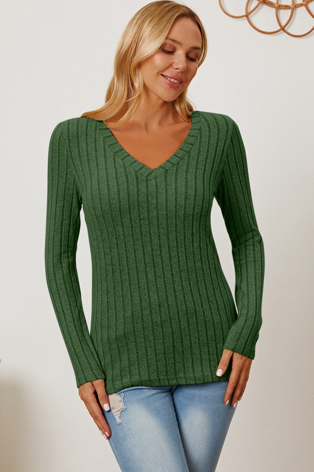 Basic Bae Full Size Ribbed V-Neck Long Sleeve T-Shirt - T-Shirts - FITGGINS