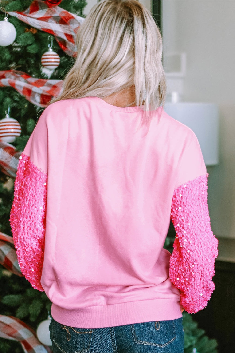 Valentine’s Day Sequin Heart Long Sleeve Sweatshirt - Sweatshirts & Hoodies - FITGGINS