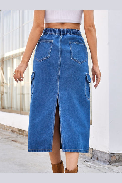 Slit Midi Denim Skirt with Pockets - Shirts - FITGGINS