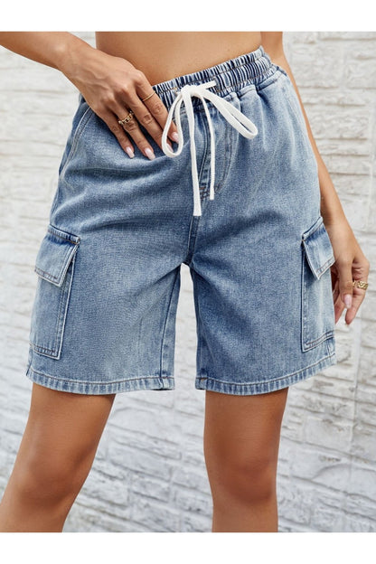 Drawstring Denim Shorts with Pockets - Denim Shorts - FITGGINS