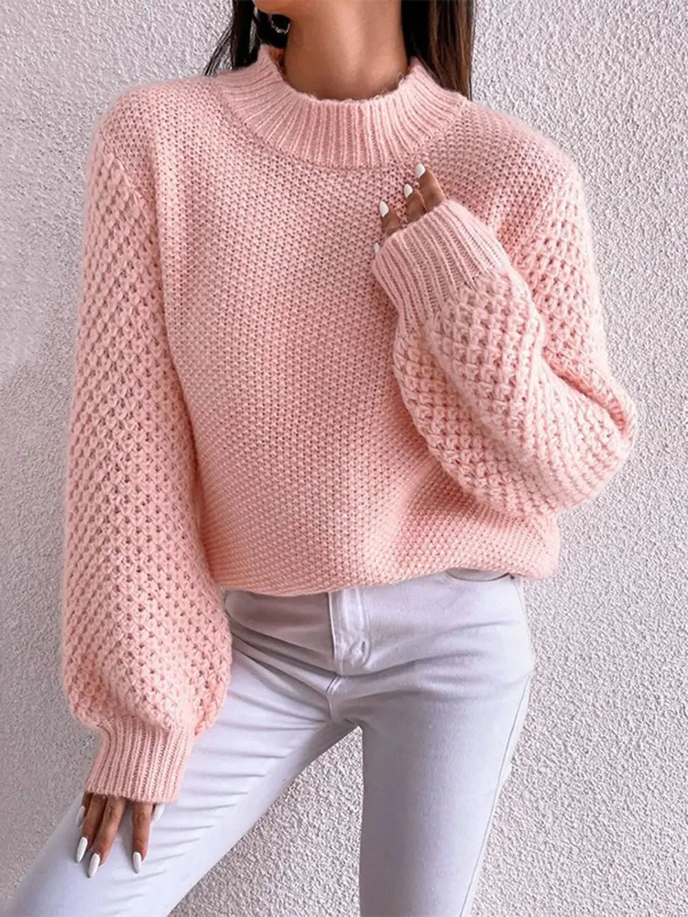 Openwork Mock Neck Long Sleeve Sweater Dusty Pink Fitggins