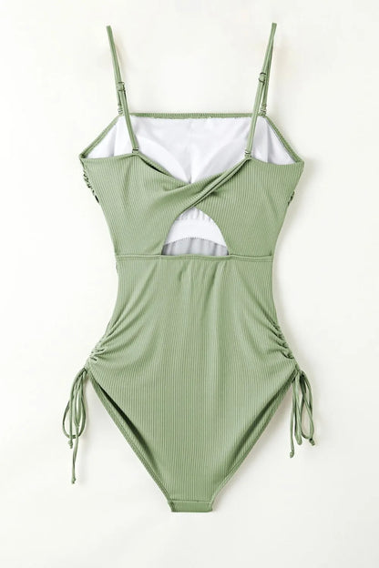 Ribbed Drawstring Sides Cutout One Piece Swimsuit Fitggins