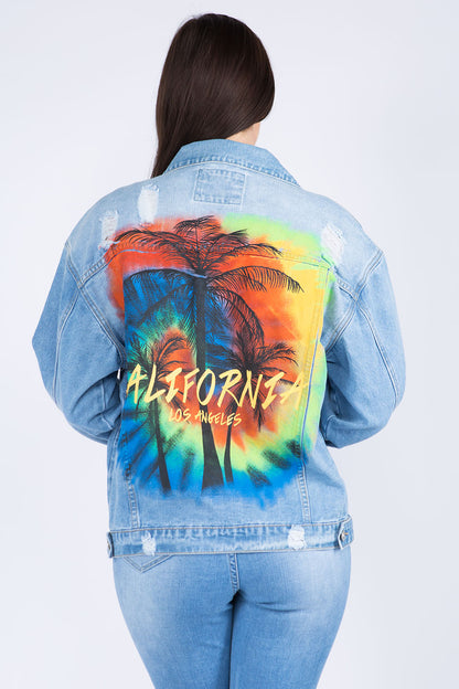 American Bazi Full Size Painted Back Distressed Denim Jacket - Denim Jackets - FITGGINS