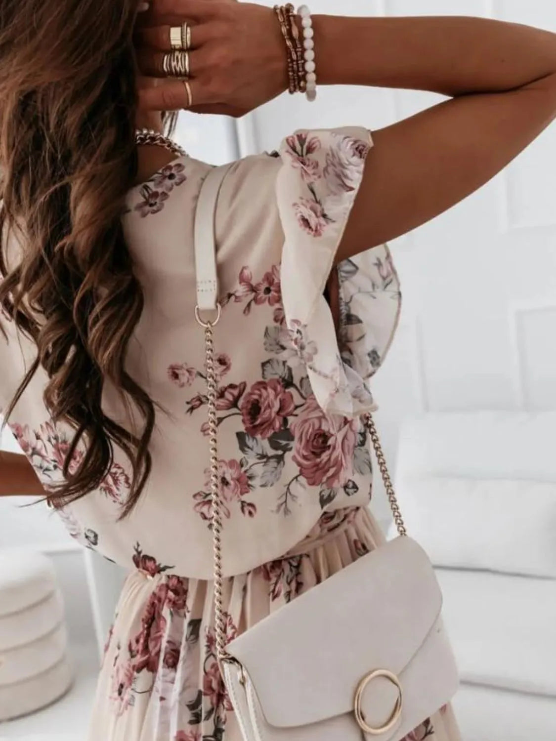 Floral Surplice Ruffled Cap Sleeve Dress Fitggins