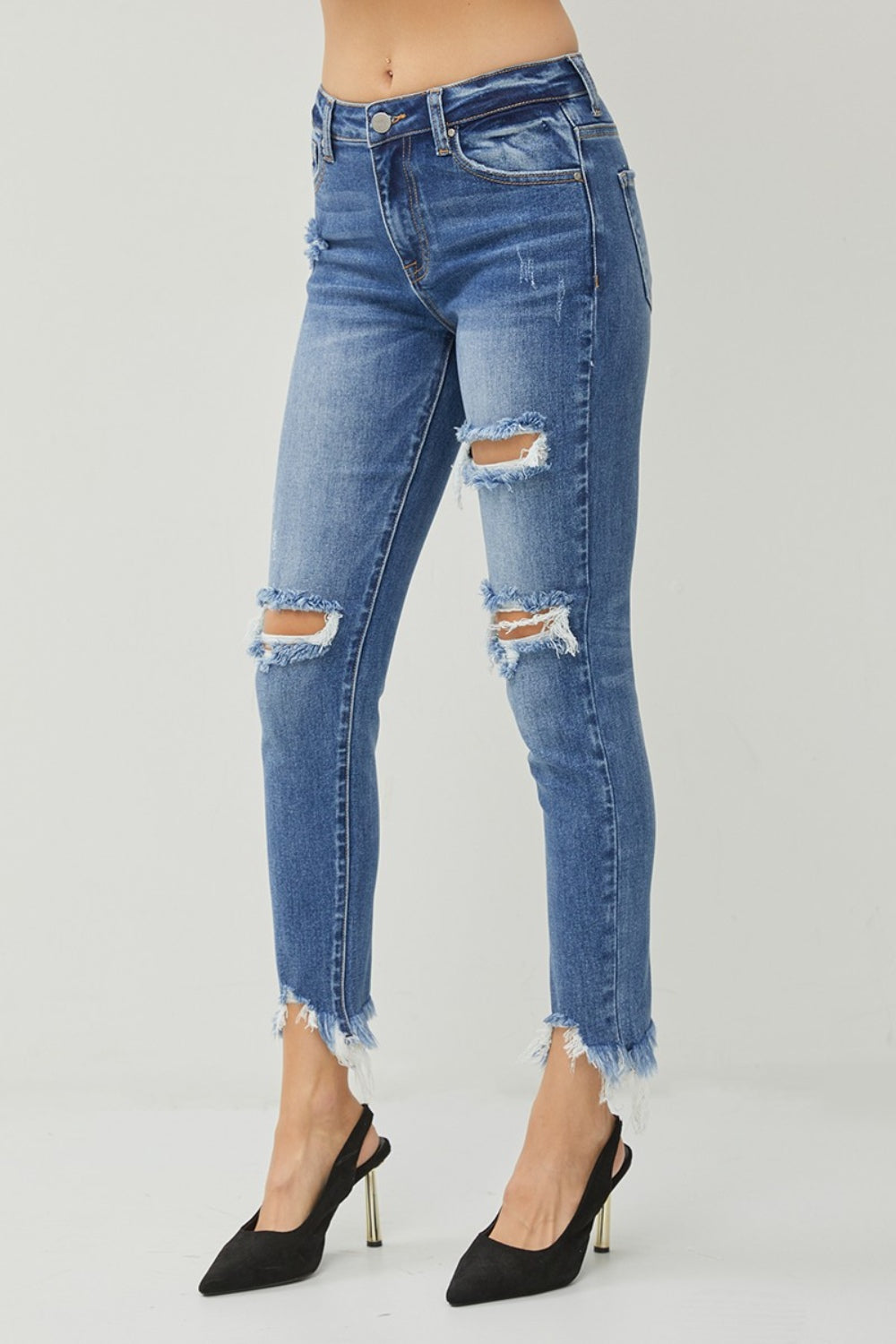 RISEN Distressed Frayed Hem Slim Jeans - Jeans - FITGGINS