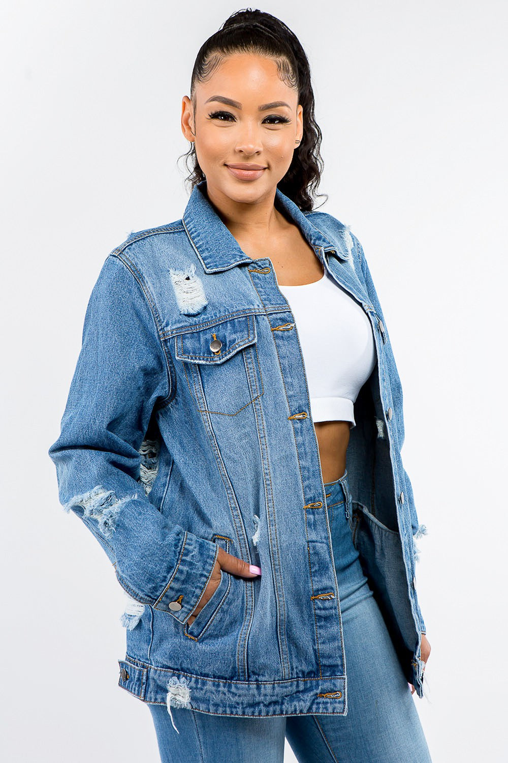 American Bazi Full Size Button Up Distressed Denim Jacket - Denim Jackets - FITGGINS