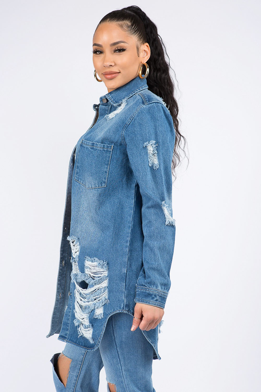 American Bazi Distressed Button Down Denim Shirt Jacket - Denim Jackets - FITGGINS