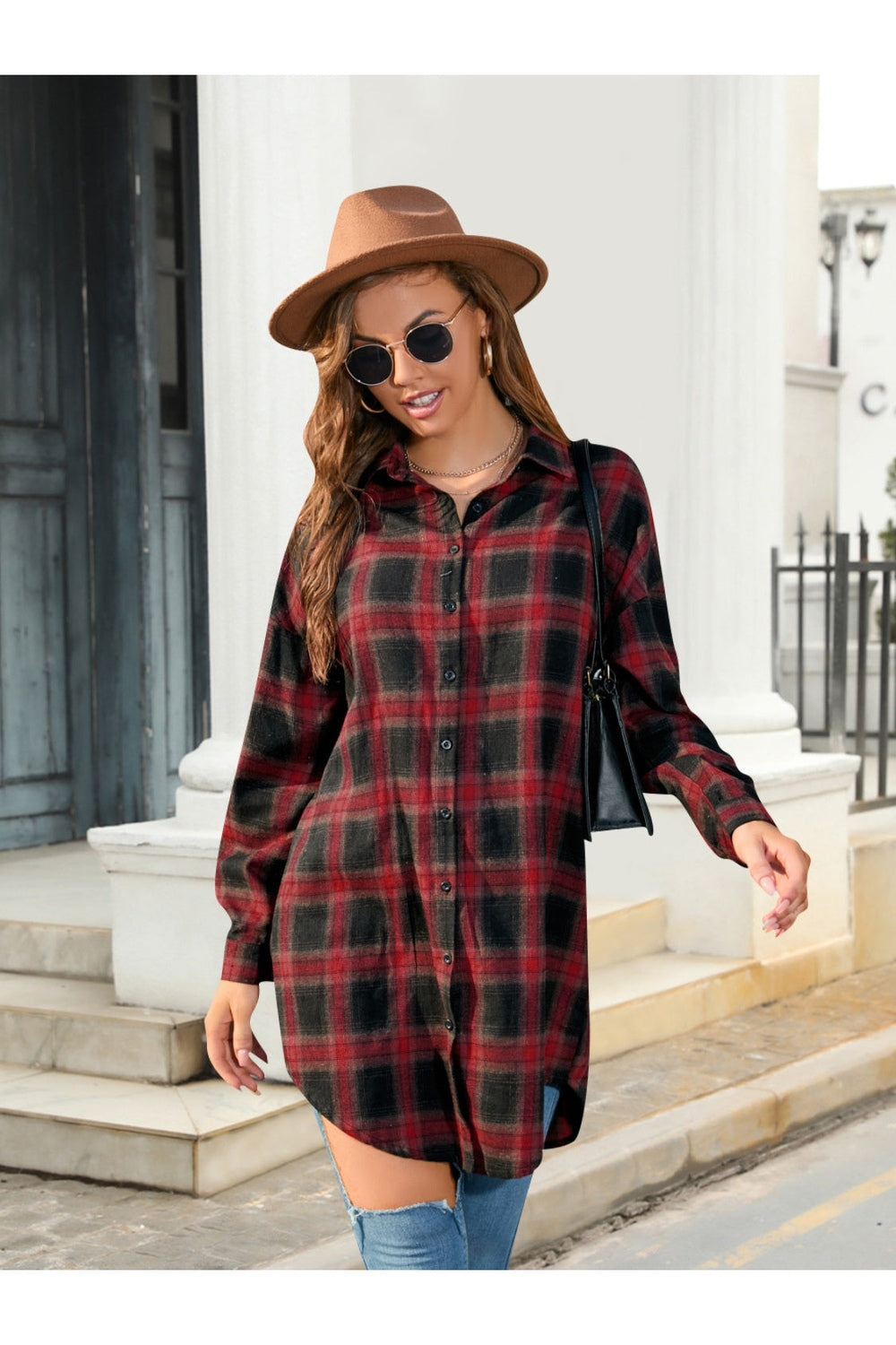 Plaid Button Up Shirt with Dropped Shoulders Deep Red Fitggins