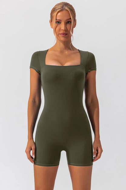 Square Neck Cap Sleeve Active Romper Fitggins