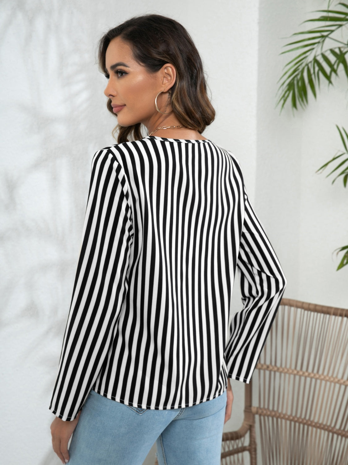 Striped Long Sleeve Notched Blouse Fitggins