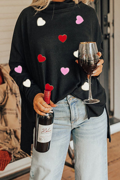 Valentine’s Day Heart Patched Turtleneck Long Sleeve Top - Sweatshirts & Hoodies - FITGGINS