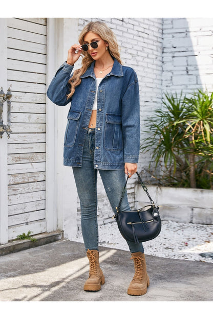 Button Up Long Sleeve Denim Jacket - Denim Jackets - FITGGINS