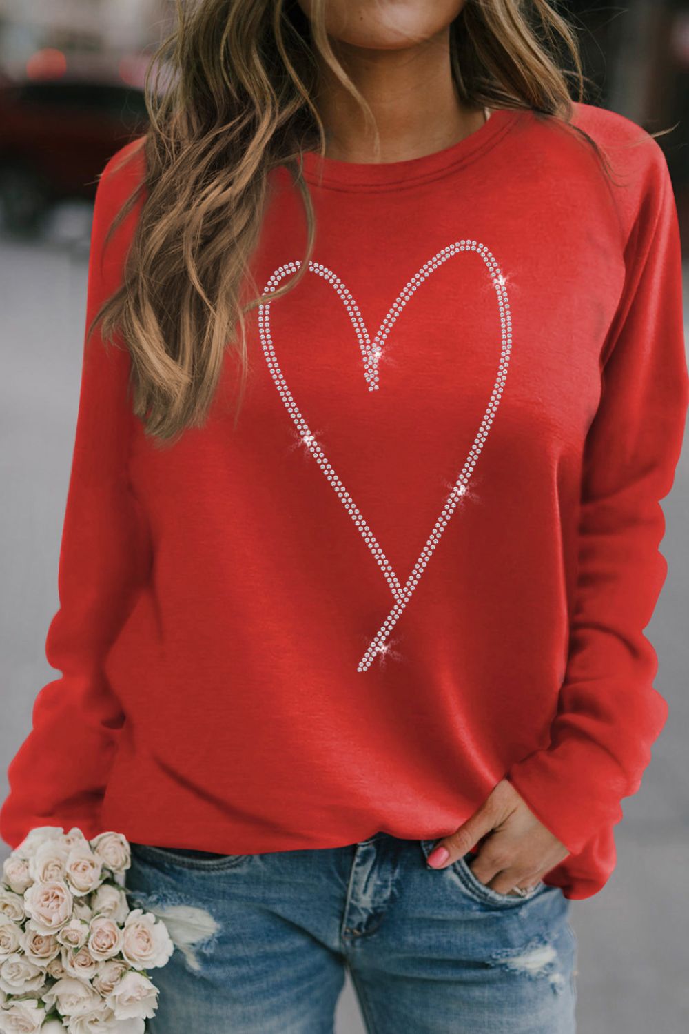 Valentine's Day Rhinestone Heart Long Sleeve Sweatshirt - Sweatshirts & Hoodies - FITGGINS