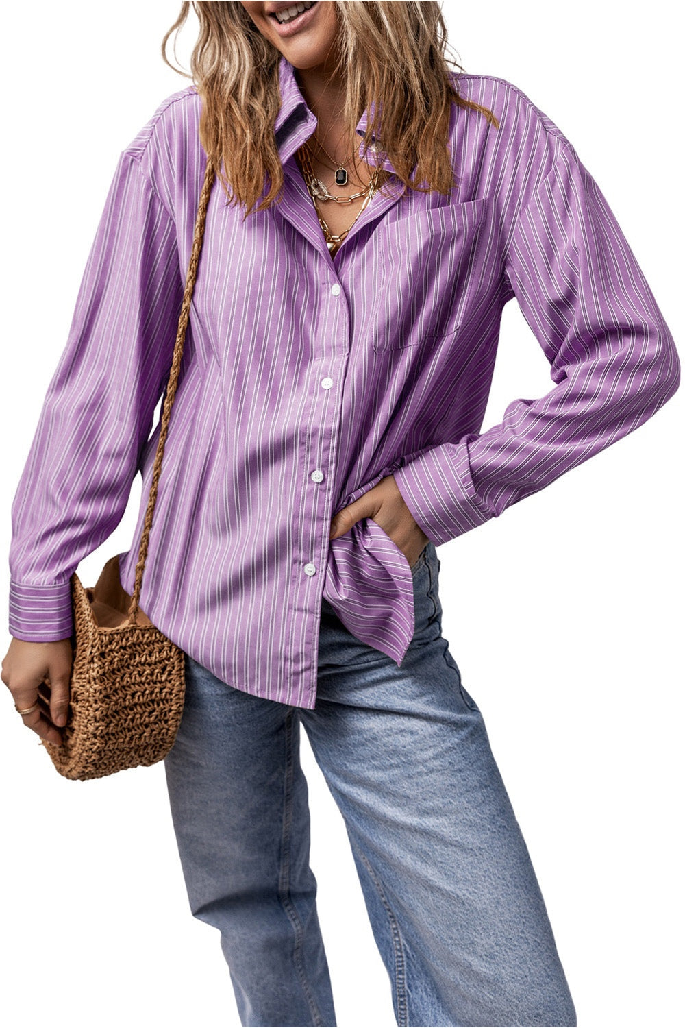 Striped Button Up Long Sleeve Shirt - Shirts - FITGGINS