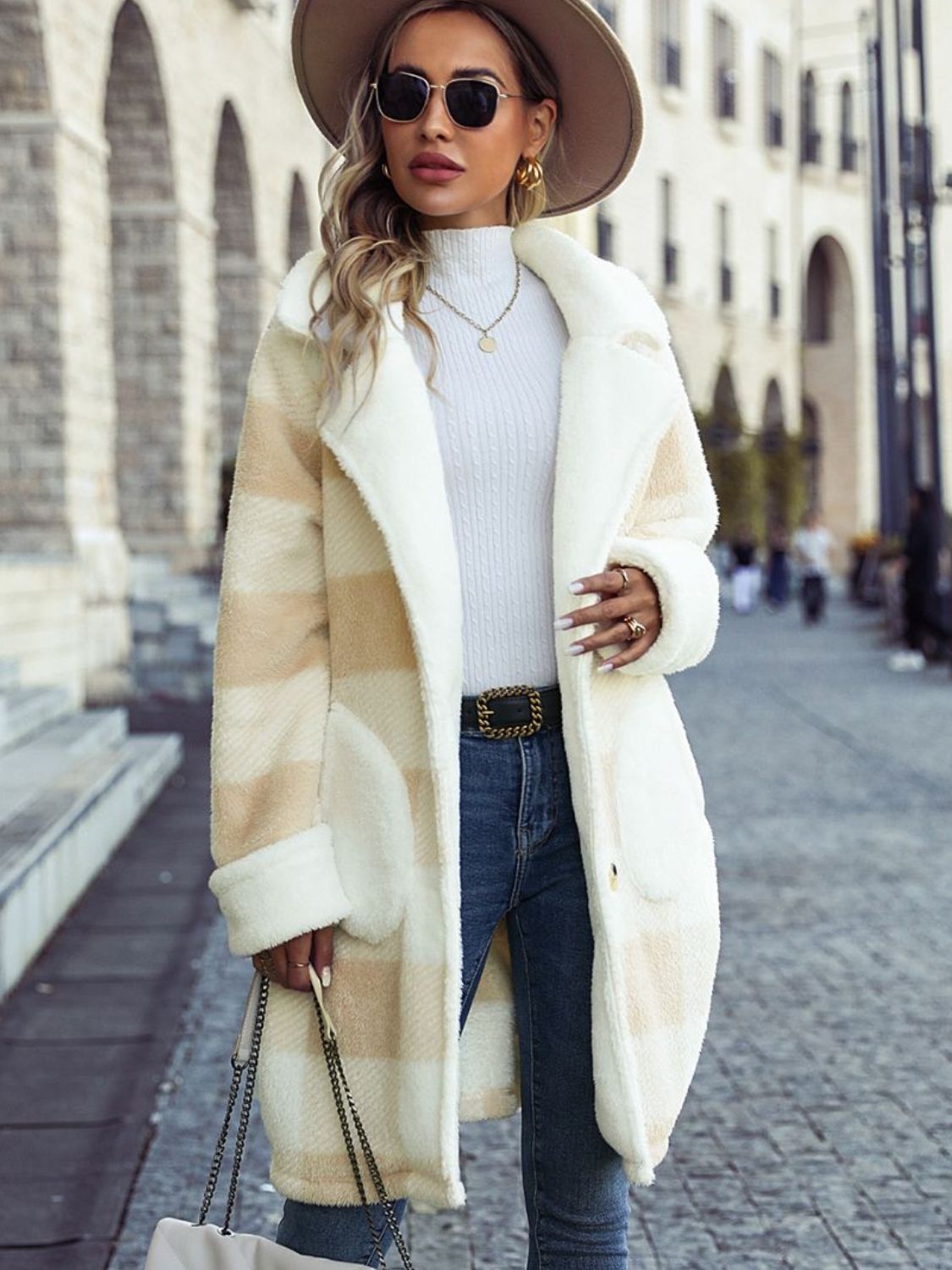 Plaid Button Down Coat with Pockets Beige Fitggins