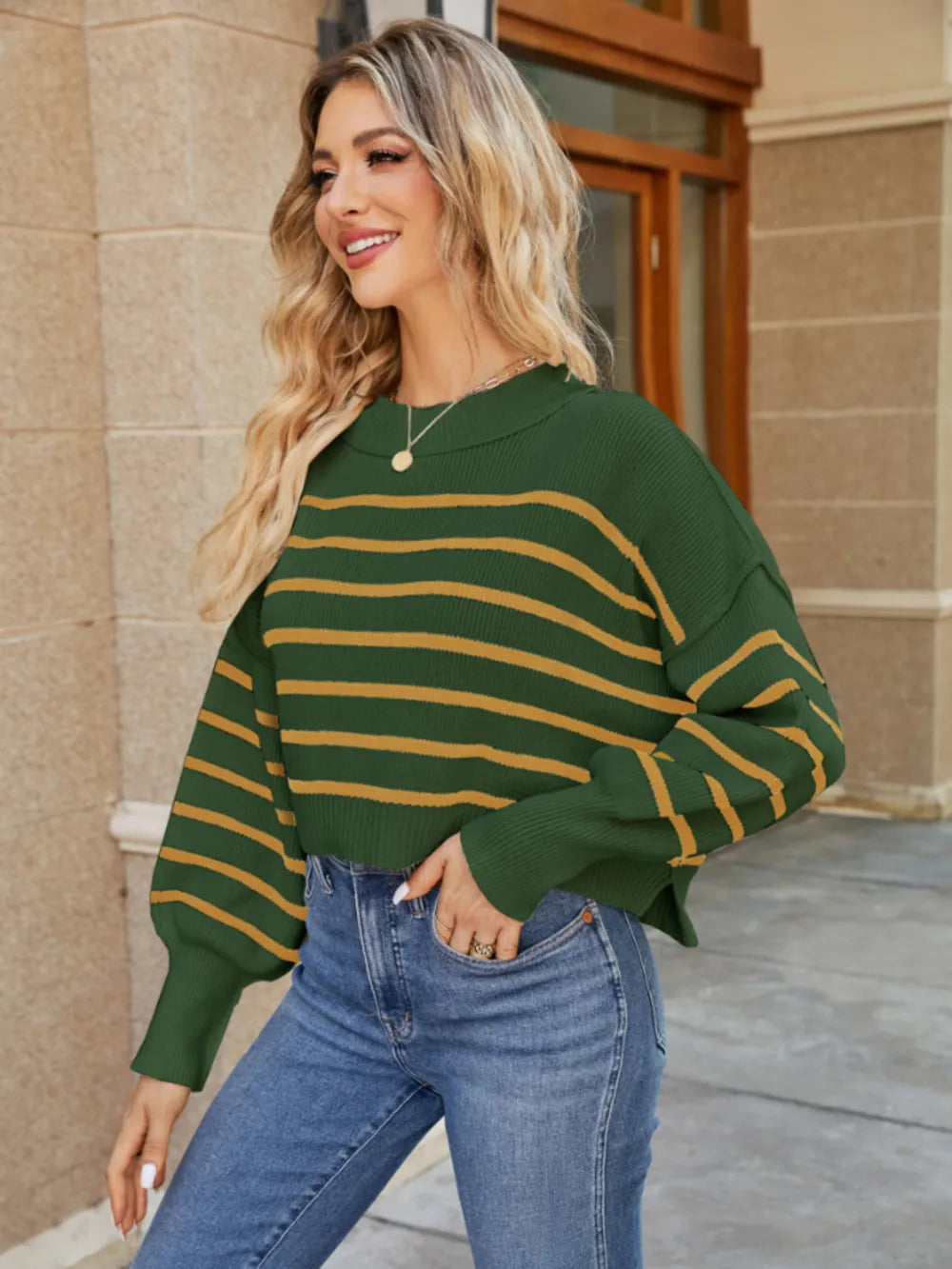 Round Neck Striped Lantern Sleeve Sweater Army Green Fitggins