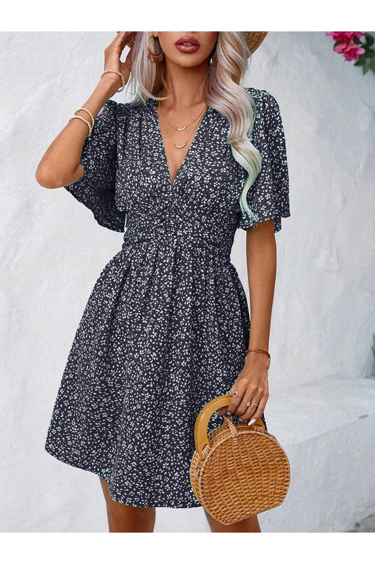 Printed V-Neck Half Sleeve Mini Dress - Casual & Maxi Dresses - FITGGINS