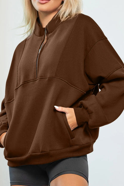Half Zip Drop Shoulder Long Sleeve Sweatshirt Brown Fitggins