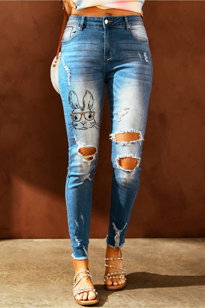 Baeful Easter Distressed Frayed Hem Jeans - Jeans - FITGGINS