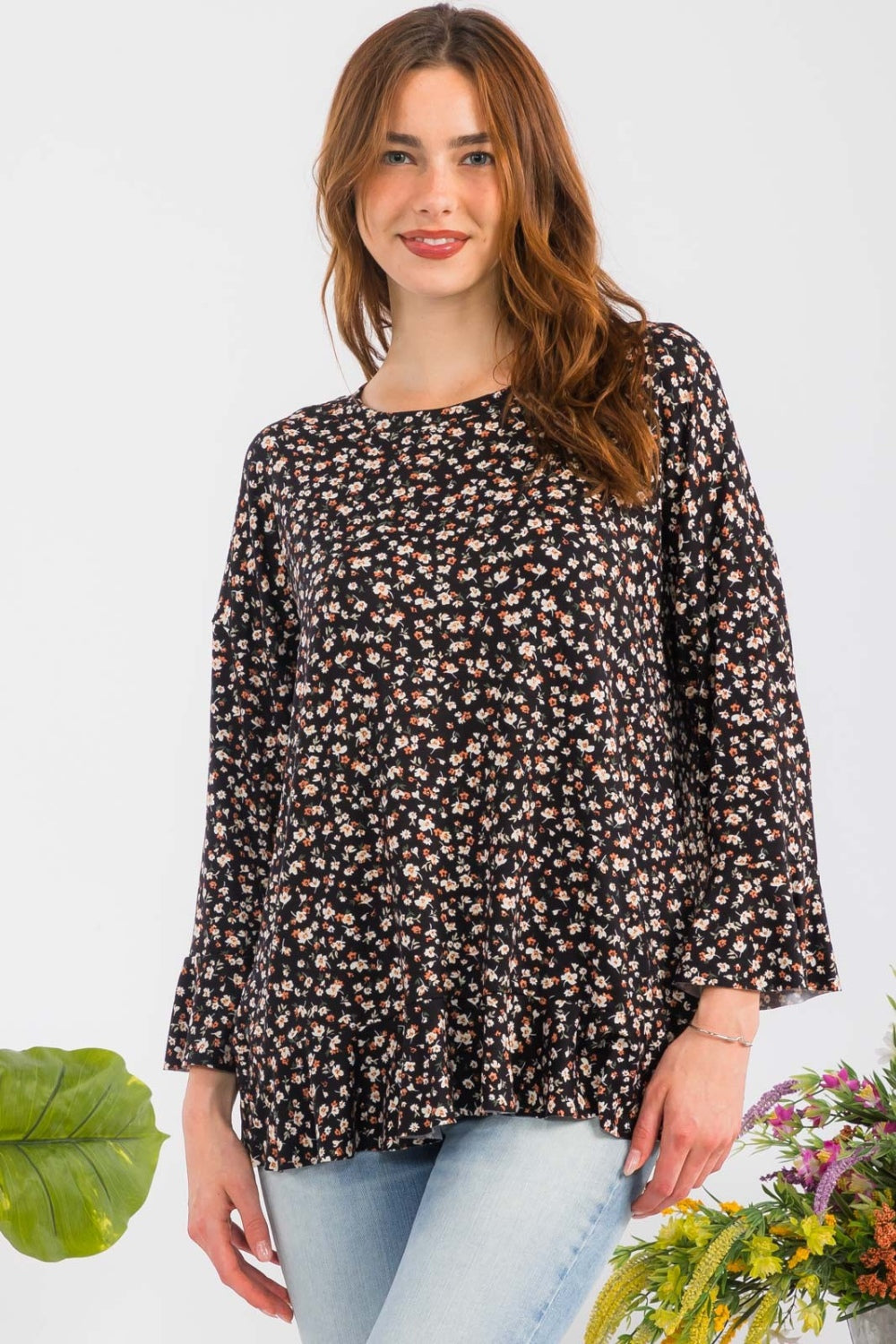 Celeste Full Size Floral Ruffle Detail Top - Shirts - FITGGINS