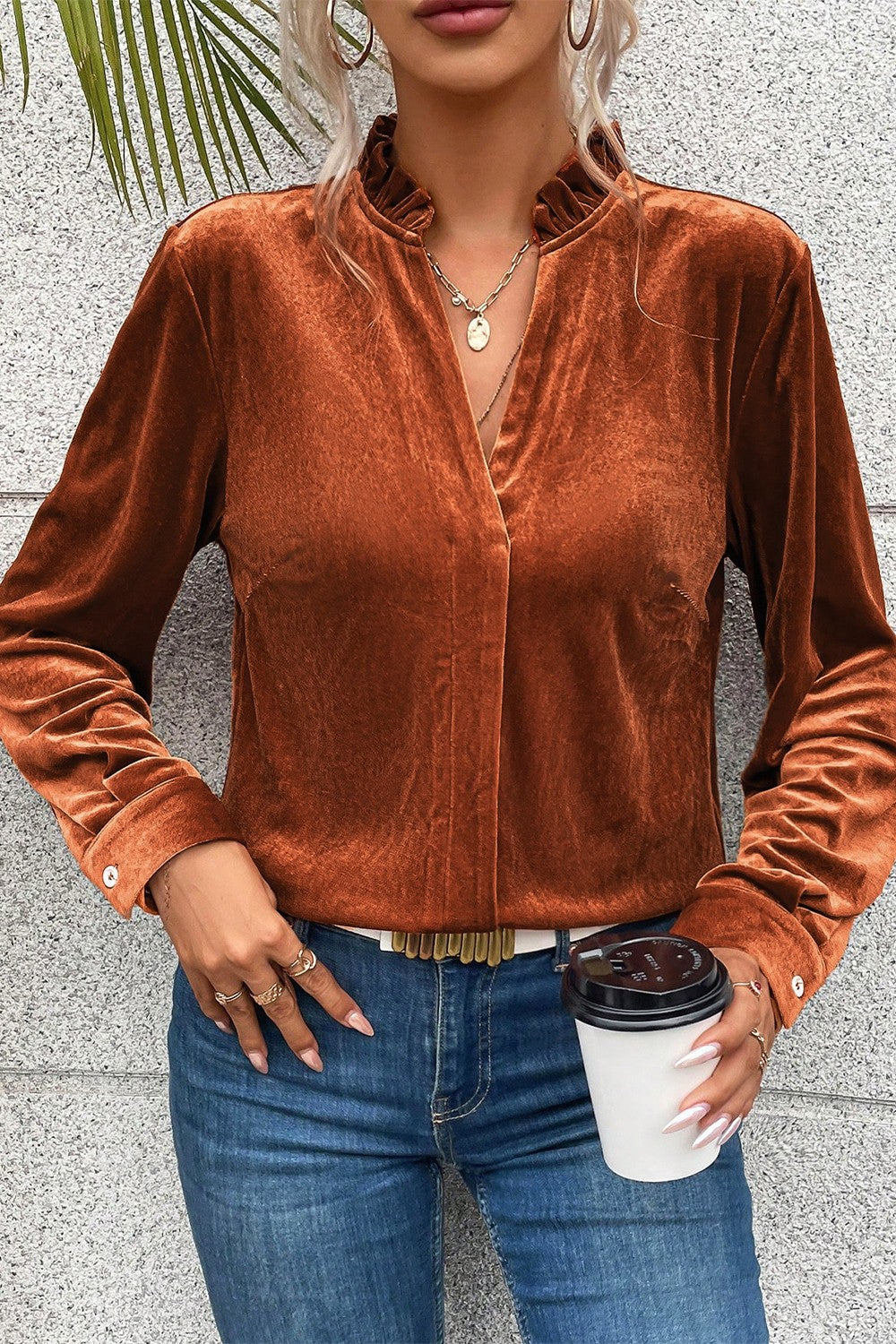 Notched Frill Detail Long Sleeve Blouse - Blouses - FITGGINS