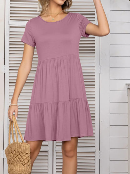 Round Neck Short Sleeve Mini Tee Dress Fitggins