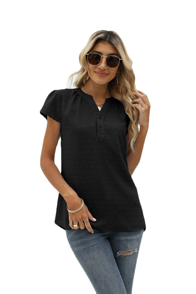 Swiss Dot Notched Neck Short Sleeve Top Fitggins