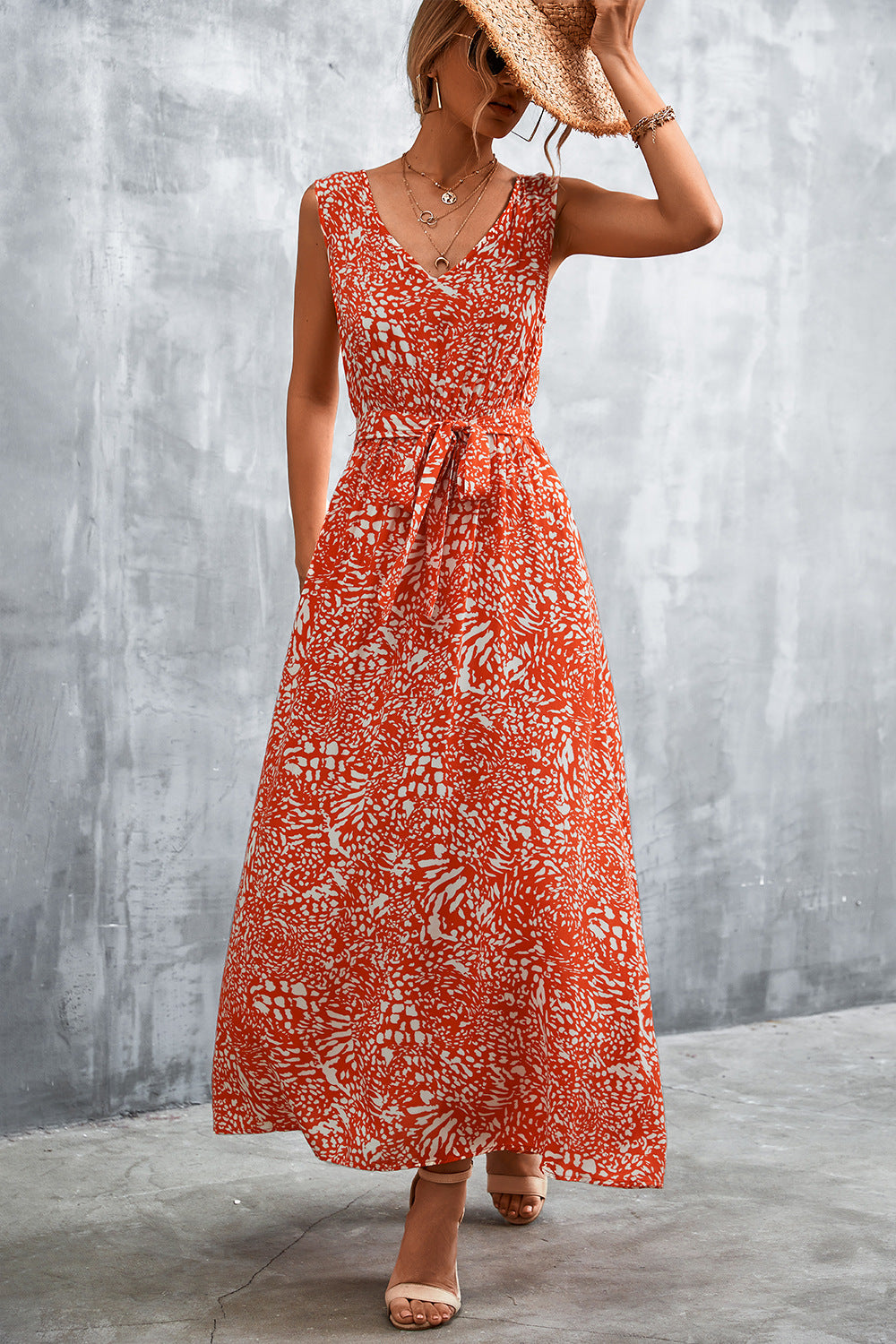 Printed V-Neck Tie Waist Maxi Dress - Casual & Maxi Dresses - FITGGINS