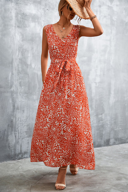 Printed V-Neck Tie Waist Maxi Dress - Casual & Maxi Dresses - FITGGINS