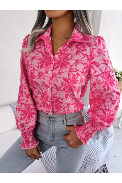 Floral Collared Neck Long Sleeve Shirt - Shirts - FITGGINS