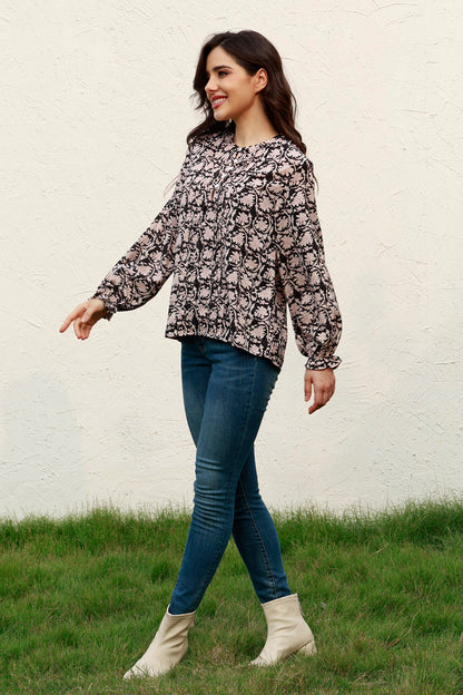 Floral Flounce Sleeve Round Neck Blouse - Blouses - FITGGINS