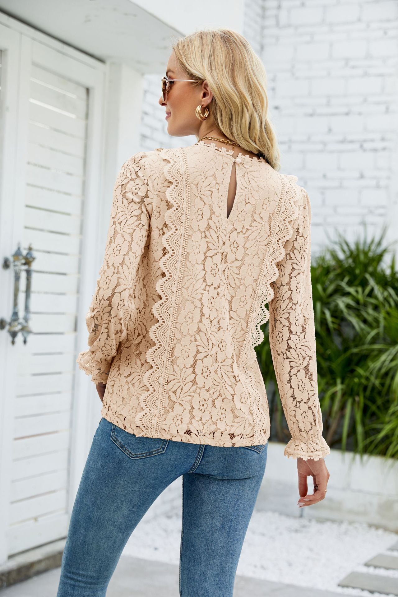 V-Neck Flounce Sleeve Lace Top Fitggins