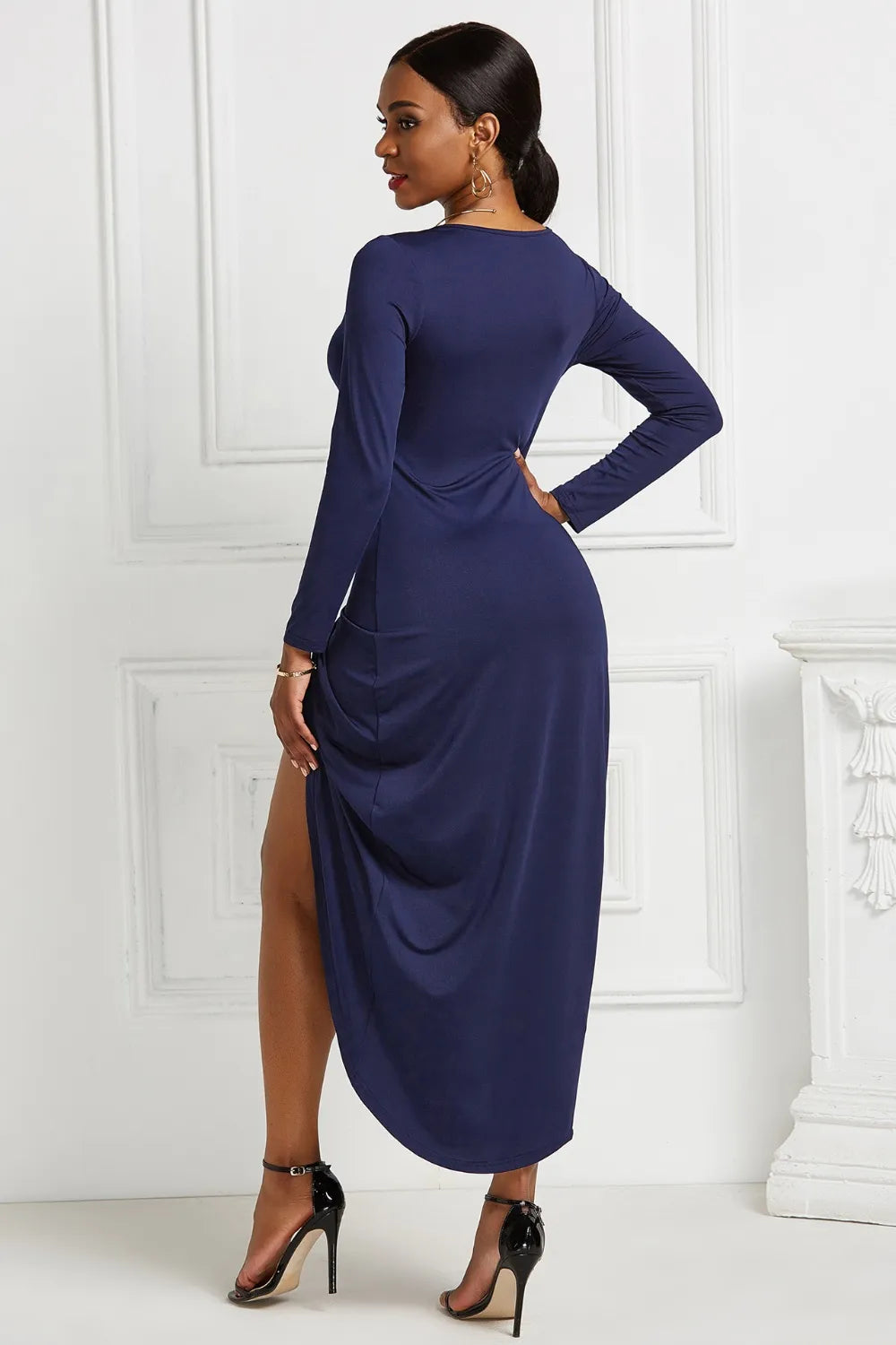 High-low Ruched Surplice Long Sleeve Dress Fitggins