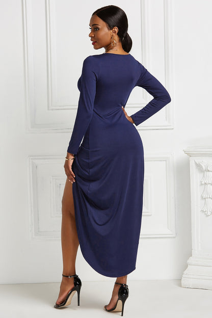 High-low Ruched Surplice Long Sleeve Dress - Cocktail Dresses - FITGGINS