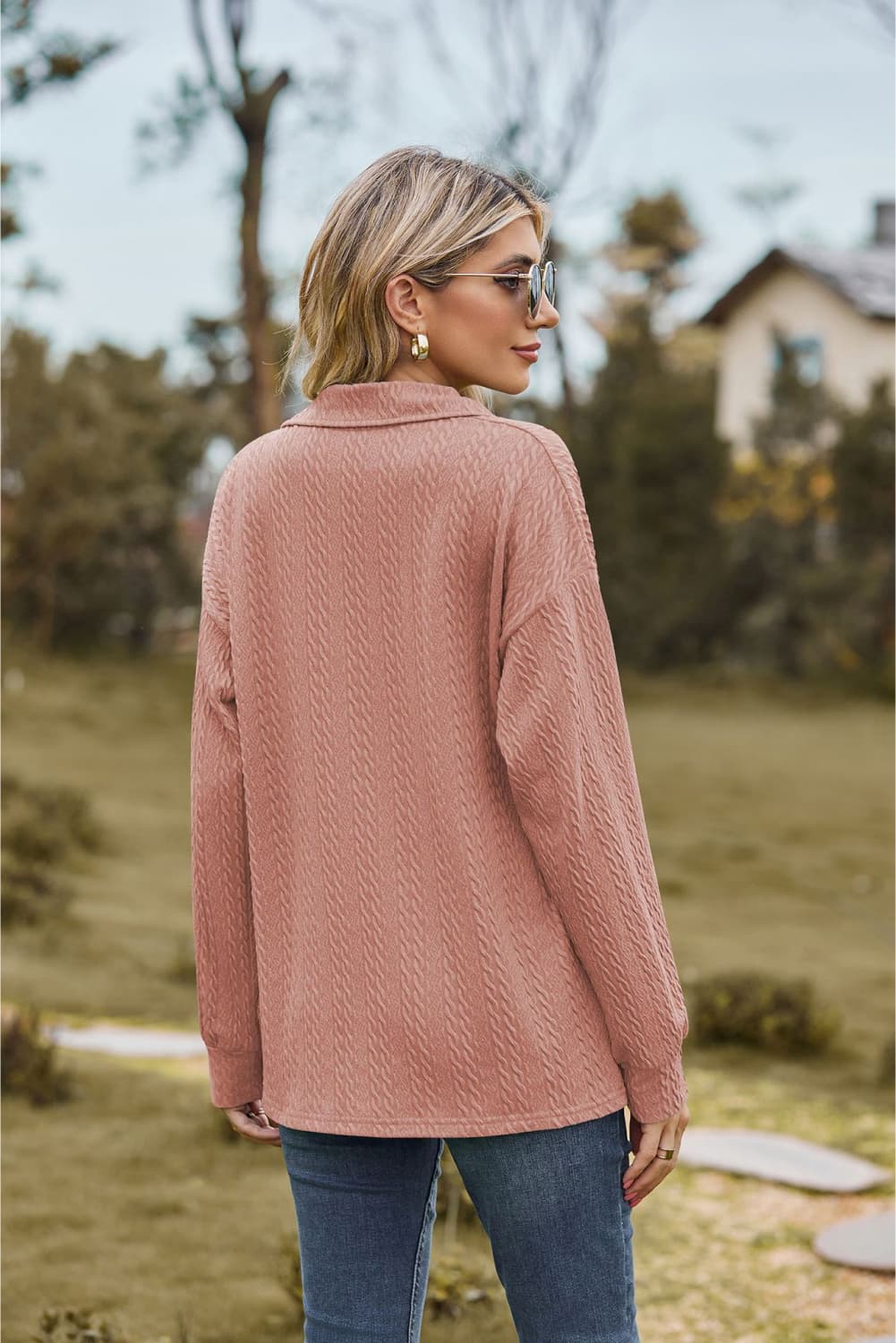 Collared Neck Cable-Knit Long Sleeve Blouse Fitggins