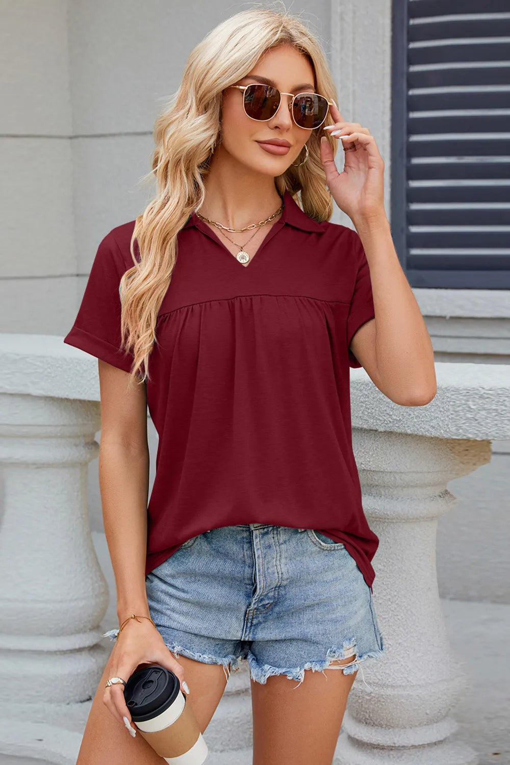 Ruched Johnny-Collar Short-Sleeve Blouse Fitggins