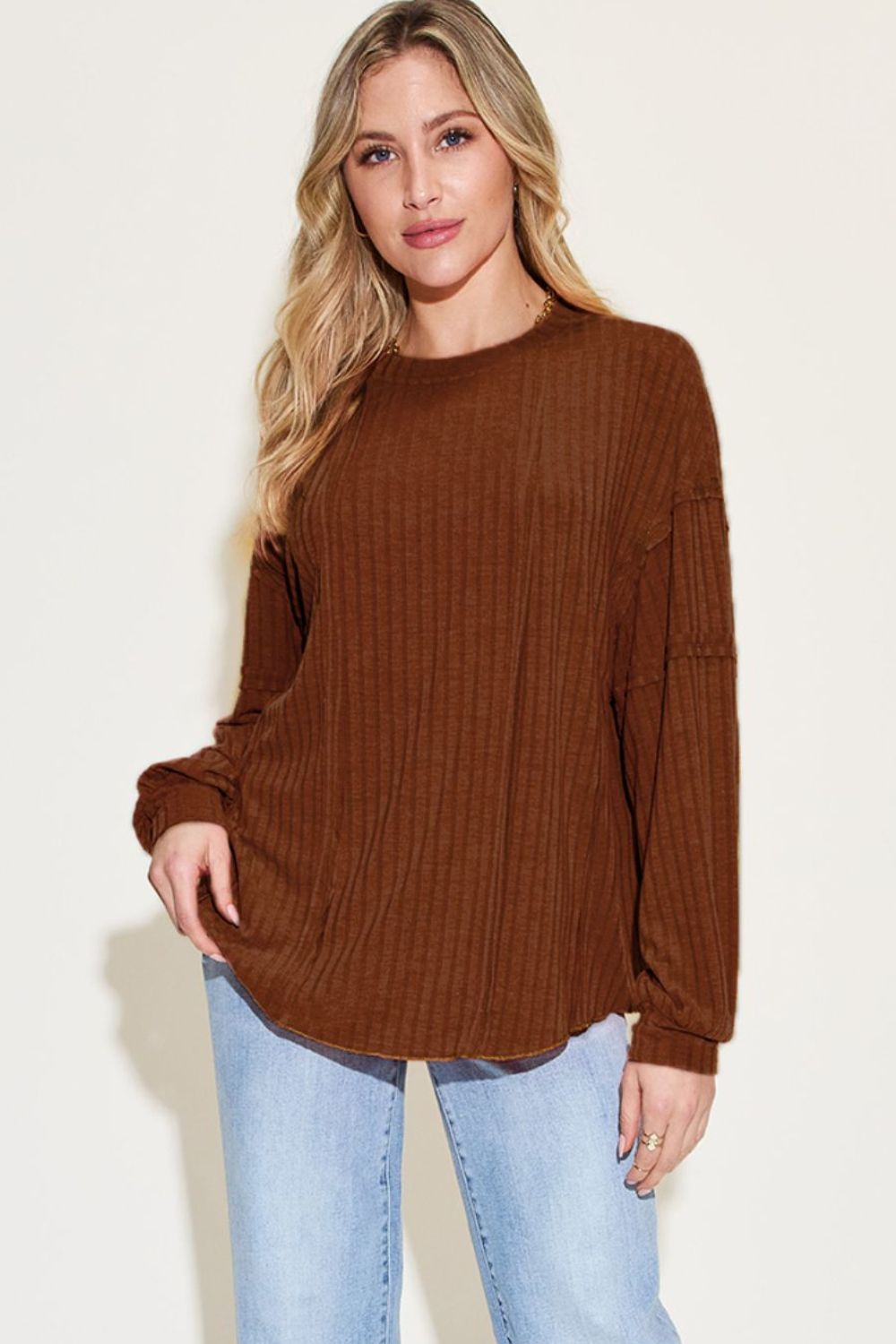 Basic Bae Full Size Ribbed Round Neck Long Sleeve T-Shirt - T-Shirts - FITGGINS