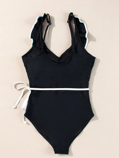 Ruffle Trim V-Neck One-Piece Swimsuit Fitggins