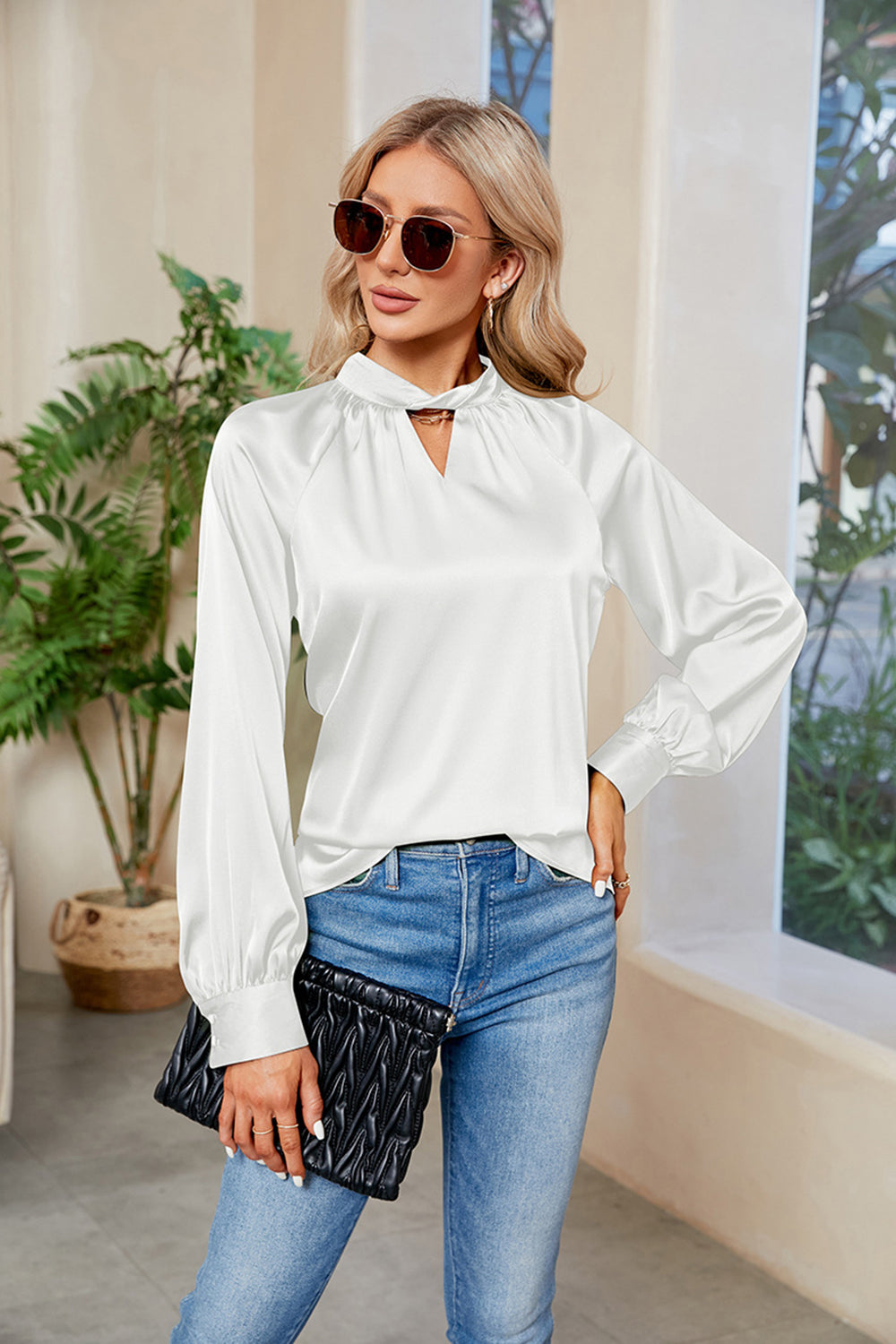 Cutout Mock Neck Long Sleeve Top - Blouses - FITGGINS