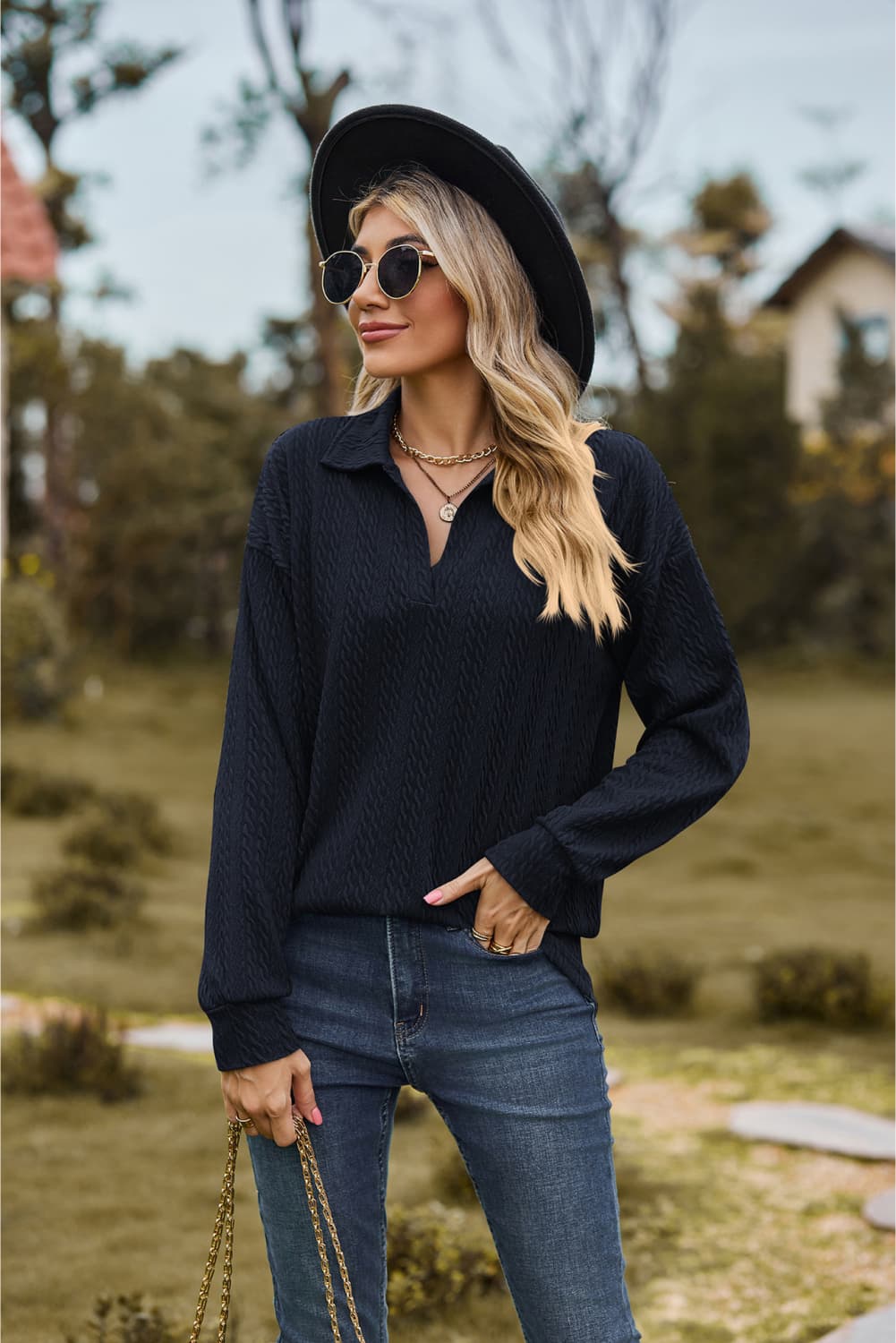 Collared Neck Cable-Knit Long Sleeve Blouse Fitggins