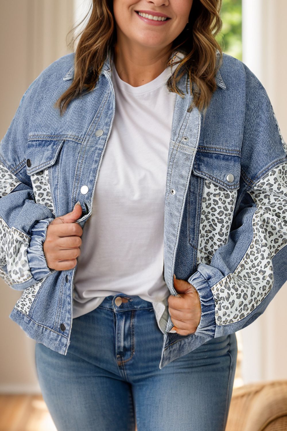 Plus Size Leopard Long Sleeve Denim Jacket - Denim Jackets - FITGGINS